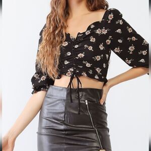 PAPERMOON Floral Print Textured Ruffle Midi Sleeve Smocked Back Ruched C…